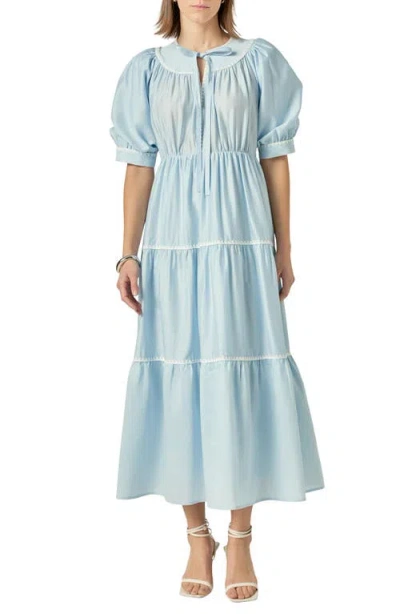 English Factory Embroidered Puff Sleeve Tiered Midi Dress In Powder Blue/white