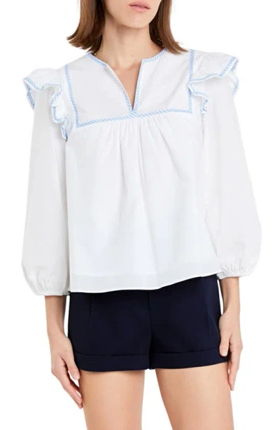 English Factory Embroidered Ruffle Balloon Sleeve Cotton Top In White/ Powder Blue
