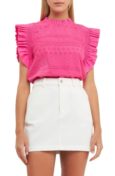English Factory Embroidered Ruffle Blouse In Fuchsia