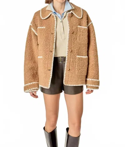 English Factory Embroidered Shearling Jacket In Tan In Multi