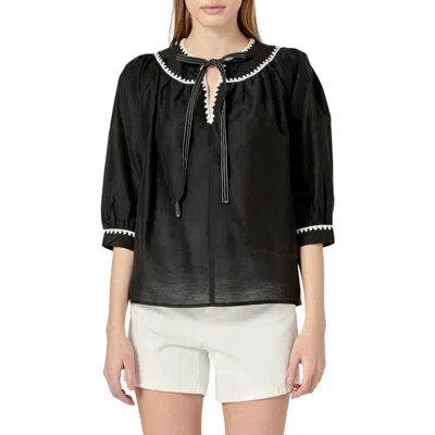 English Factory Embroidered Tie Neck Top In Black