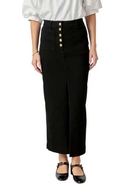 English Factory Exposed Button Fly Denim Midi Skirt In Black Denim