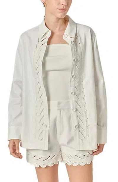 English Factory Eyelet Embroidered Oversize Linen & Cotton Button-up Shirt In Neutral