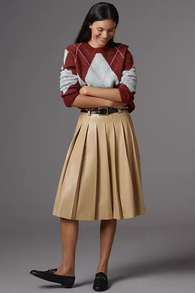 English Factory Faux-leather Pleated Midi Skirt In Neutral