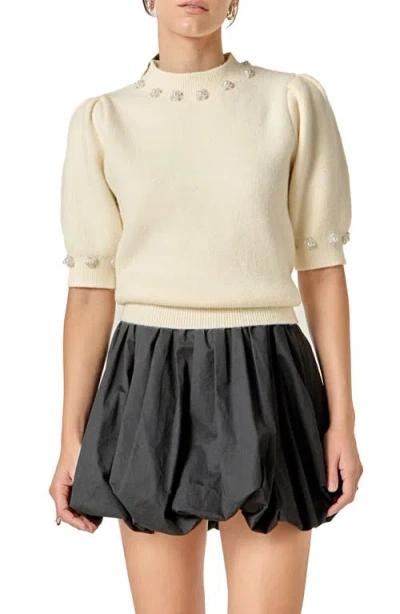 English Factory Faux Pearl Embellished Short Sleeve Sweater In Neutral