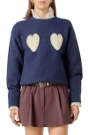 English Factory Faux Pearl Heart Crewneck Sweater In Blue