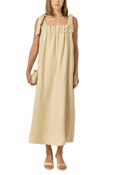 English Factory Faux Pearl Linen Midi Sundress In Brown