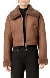 English Factory Faux Shearling Trim Moto Jacket In Brown