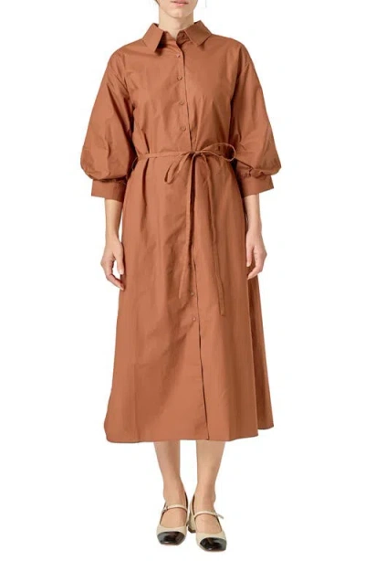English Factory Flared Cotton Midi Dress In Brown