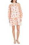 ENGLISH FACTORY ENGLISH FACTORY FLORAL BUTTON FRONT LONG SLEEVE ORGANZA MINIDRESS