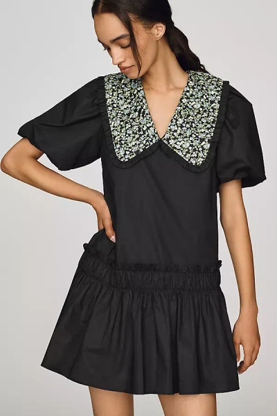 English Factory Floral Collar Drop Waist Mini Dress In Black