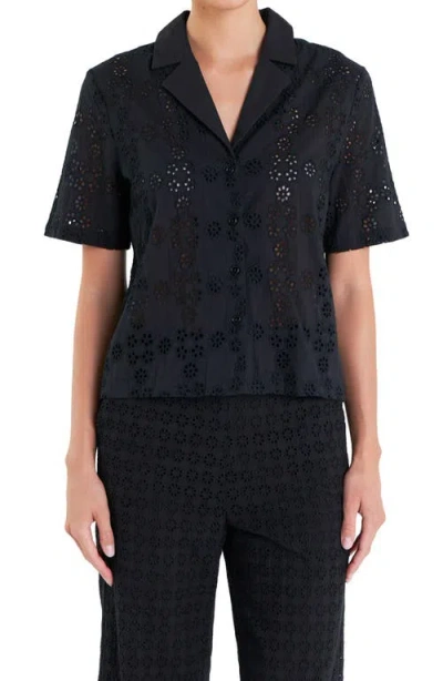English Factory Floral Eyelet Cotton Camp Shirt In Black