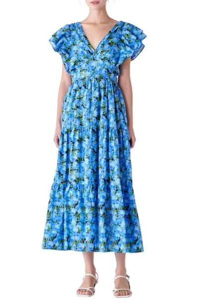 English Factory Floral Flutter Sleeve Open Back Dress In Blue