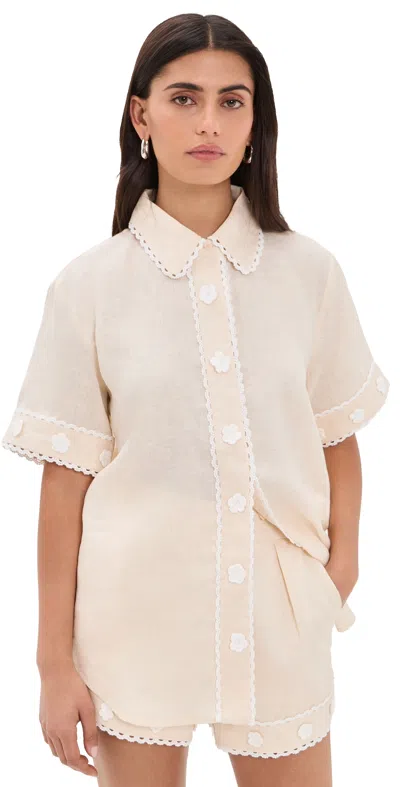 English Factory Floral Linen Button Down Shirt Light Beige In White