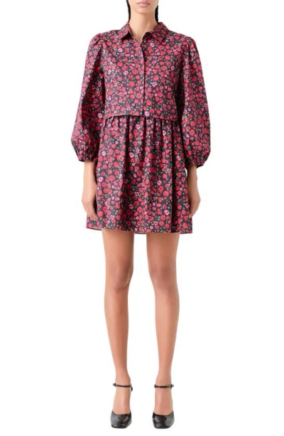 English Factory Women's Floral-print Mini Shirtdress In Black,red