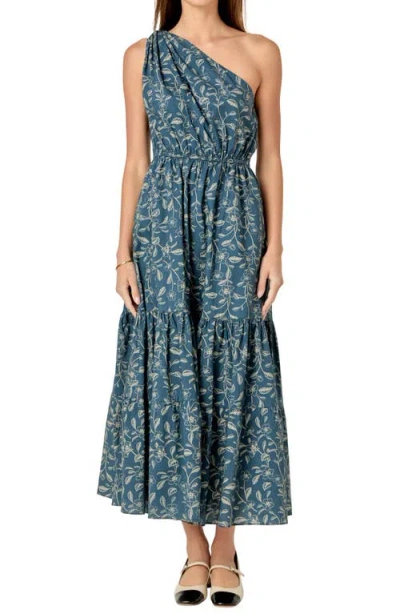 English Factory Floral Print One-shoulder Cotton Maxi Dress In Navy