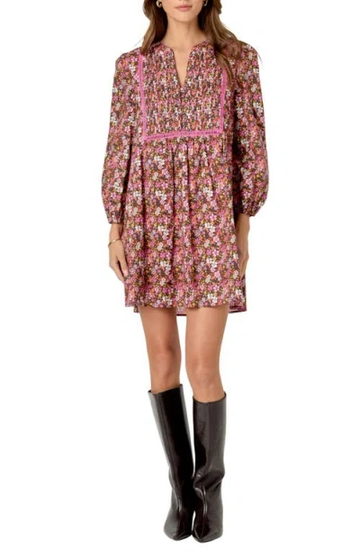 English Factory Floral Print Pintuck Cotton Minidress In Pink