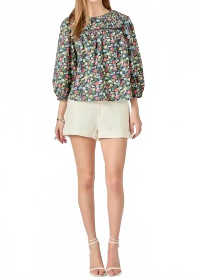 English Factory Floral Print Pintuck Detail Top In Navy In Blue