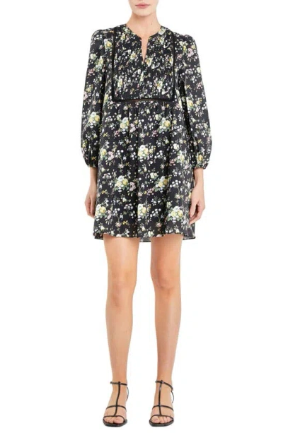 English Factory Floral Print Pintuck Minidress In Black Multi