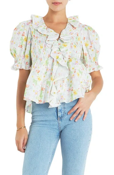 English Factory Floral Print Ruffle Top In Gold