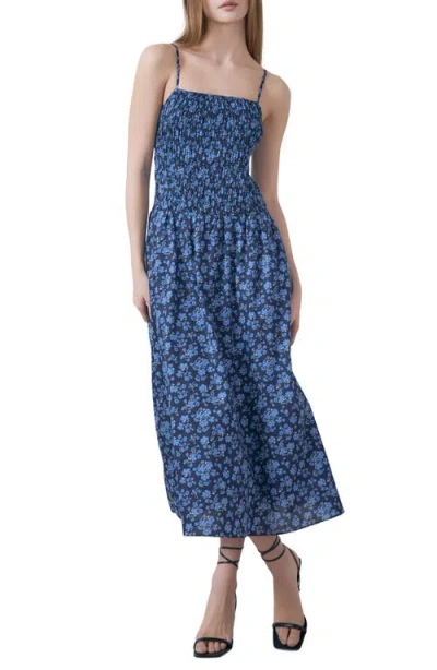 English Factory Floral Print Smocked Sleeveless Maxi Dress In Navy Multi