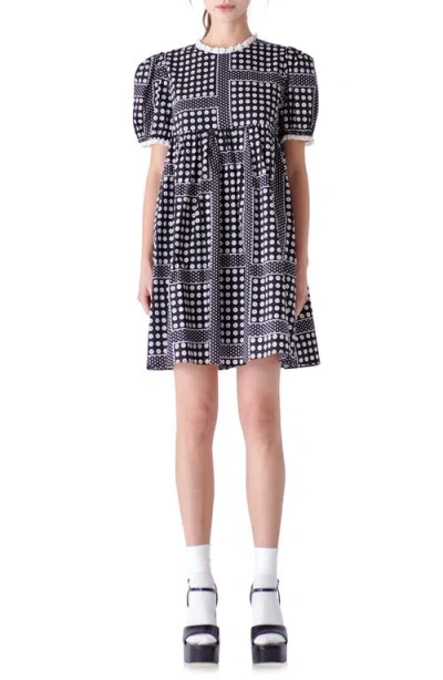 English Factory Floral Puff Sleeve Babydoll Dress In Black/white