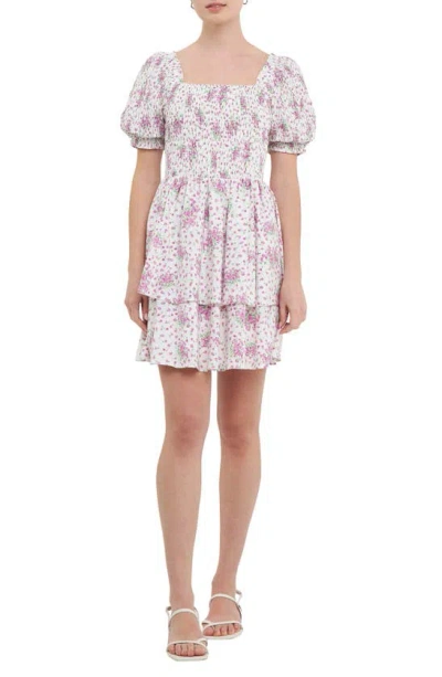 English Factory Floral Puff Sleeve Tiered Fit & Flare Minidress In Lilac