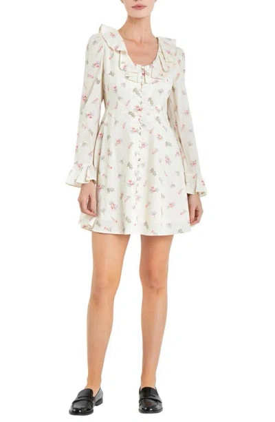 English Factory Floral Ruffle Button Front Long Sleeve Minidress In Ivory