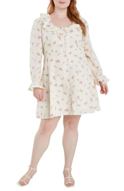English Factory Floral Ruffle Long Sleeve Cotton Dress In Ivory