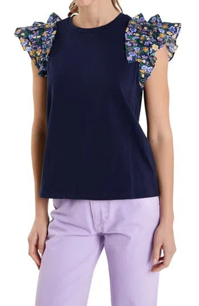 English Factory Floral Ruffle Sleeve Top In Navy Multi