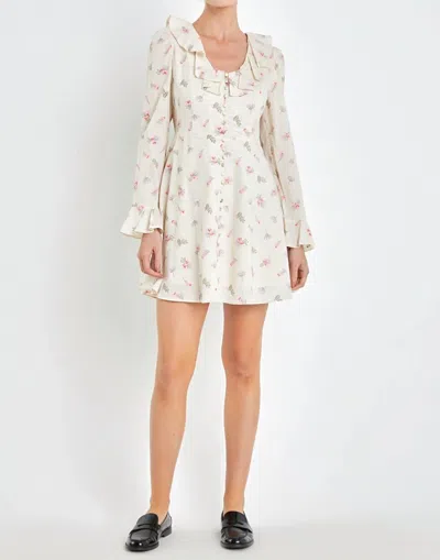 English Factory Floral Ruffled Neck Dress In Ivory In Multi