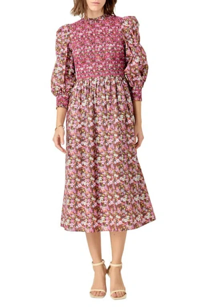 English Factory Floral Smock Bodice Midi Dress In Pink