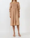 ENGLISH FACTORY FLORAL SMOCKED MIDI DRESS IN TAN MULTI