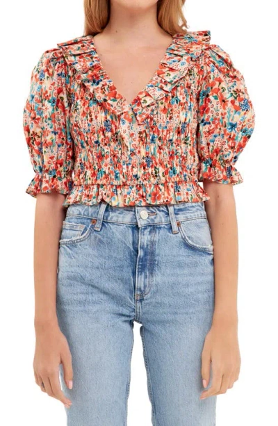 English Factory Floral Smocked Ruffle Cotton Top In Peach Multi