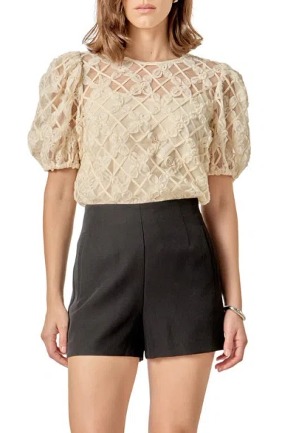 English Factory Floral Texture Puff Sleeve Top In Neutral