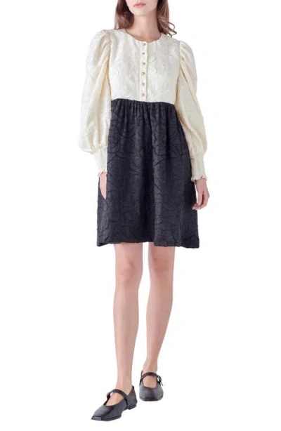 English Factory Floral Textured Long Sleeve Dress In Ivory/black