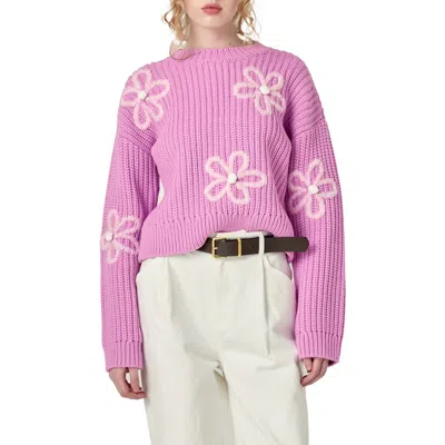 English Factory Flower Embroidered Crewneck Sweater In Pink