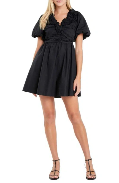 English Factory Flower Neckline Flare Minidress In Black