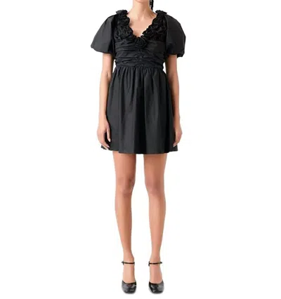 English Factory Flower Neckline Puff Sleeve Mini Dress In Black