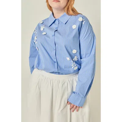 English Factory Flower Trim Striped Shirt In Powder Blue