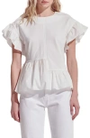 English Factory Flutter Sleeve Mixed Media Peplum Top In White