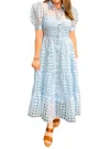 English Factory Organza Short-sleeve Button-front Midi Dress In Blue