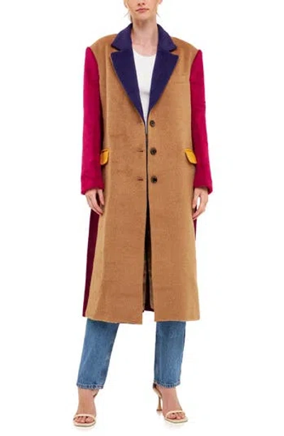 English Factory Fringe Premium Colorblock Oversized Coat In Brown