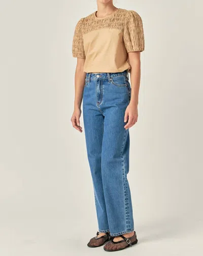 English Factory Front Cut-out Smocked Top In Tan