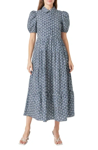 English Factory Geo Print Short Sleeve Cotton Shirtdress In Navy Multi