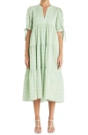 English Factory Geo Print Tiered Cotton Midi Dress In Chartreuse