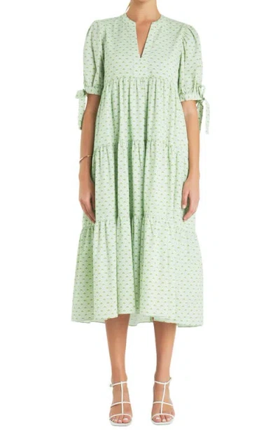 English Factory Geo Print Tiered Cotton Midi Dress In Chartreuse
