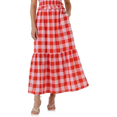 English Factory Gingham Cotton Midi Skirt In Pink/red