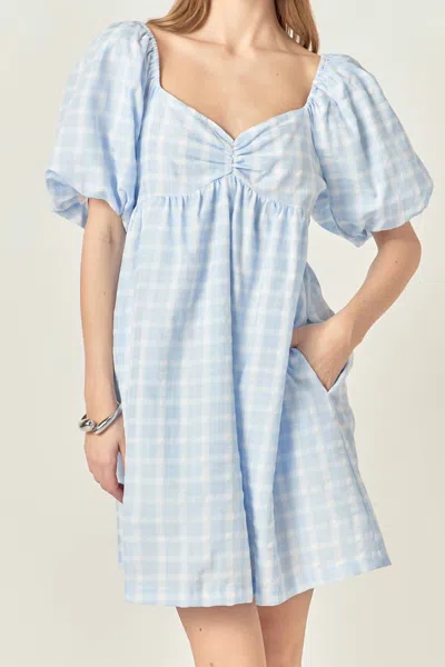 English Factory Gingham Linen Sweetheart Baby Doll Dress In Powder Blue