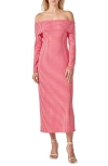 English Factory Gingham Long Sleeve Off-the-shoulder Midi Dress In Pink